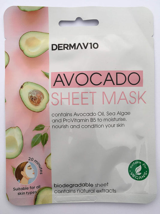 Derma V10 Avocado Sheet Mask Contains Avocado Oil, Sea Algae & Provitamin B5 Suitable For Vegans