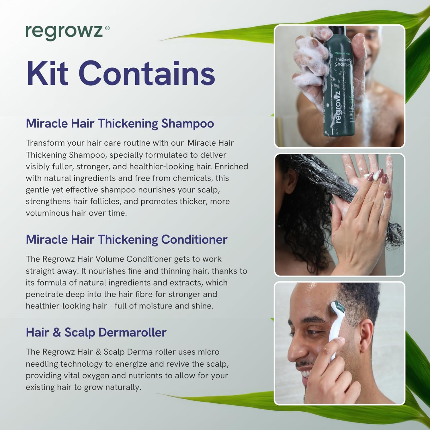 Regrowz Miracle Hair Care Gift Set - Hair Thickening Shampoo (225Ml), Volume Conditioner (200Ml), And Hair & Scalp Derma Roller - Infused With Biotin For Enhanced Hair Growth, Volume, And Vitality