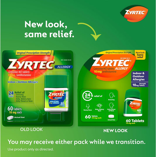 Zyrtec 24 Hour Allergy Relief Tablets, Indoor & Outdoor Allergy Medicine With 10 Mg Cetirizine Hcl Per Antihistamine Tablet, Relief Of Allergies, 60 Count