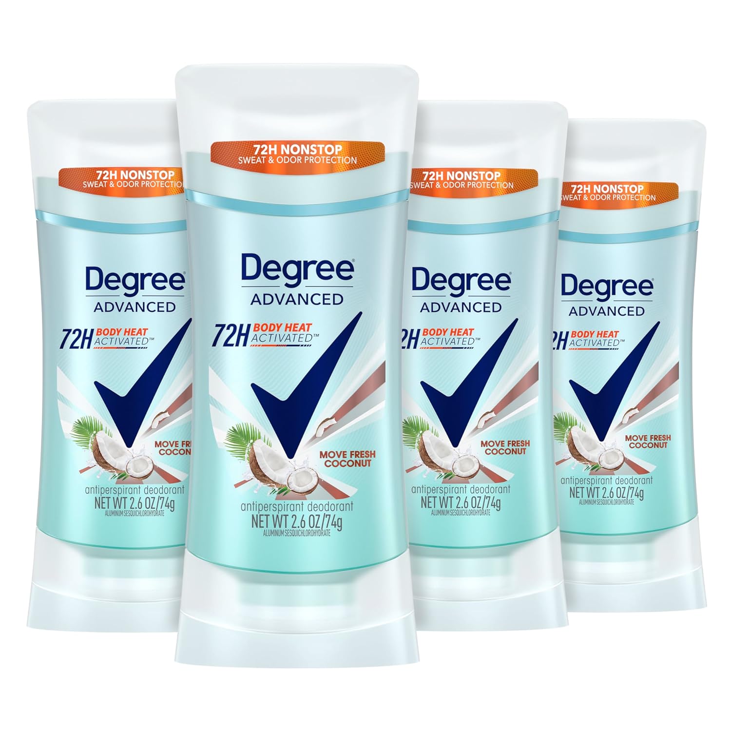 Degree Advanced Antiperspirant Deodorant Coconut & Hibiscus 4 Count 72-Hour Sweat & Odor Protection Antiperspirant For Women With Motionsense Technology 2.6 Oz