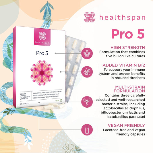 Healthspan Probiotic 5 | Multi-Strain Probiotic With 5 Billion Live Cultures From 3 Bacteria Strains | Vitamin B12 To Support Your Immune Health | Vegan & Lactose Free Capsules (60 Capsules)