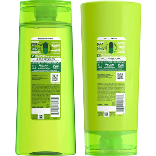 Garnier Fructis Sleek & Shine Shampoo (22 Fl Oz) + Conditioner (21 Fl Oz) Set For Frizzy, Dry Hair, Plant Keratin + Argan Oil (2 Items), 1 Kit (Packaging May Vary)