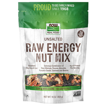 Now Foods, Raw Energy Nut Mix, Unsalted Mix Of Raisins, Walnuts, Peacans, Almonds, Pumpkin Seeds And Cashews, Great-Tasting, Source Of Iron, 16-Ounce (Packaging May Vary)