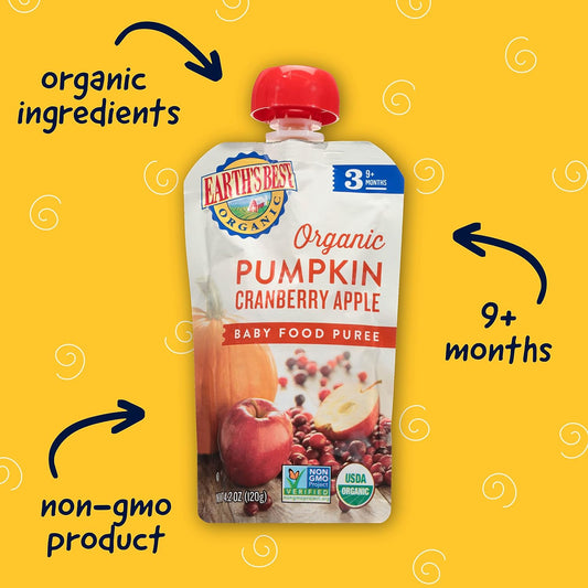 Earth's Best Organic Baby Food Pouches, Stage 3 Fruit and Vegetable Puree for Babies 9 Months and Older, Organic Pumpkin Apple Cranberry Puree, 4.2 oz Resealable Pouch (Pack of 12)