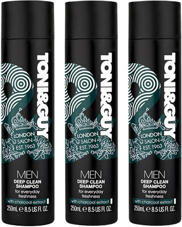 Toni & Guy Men Deep Clean Shampoo With Charcoal Extract, 250Ml–Premium Deep Cleansing Formula For Everyday Freshness, Purifying And Revitalizing Hair Care Pack Of 3