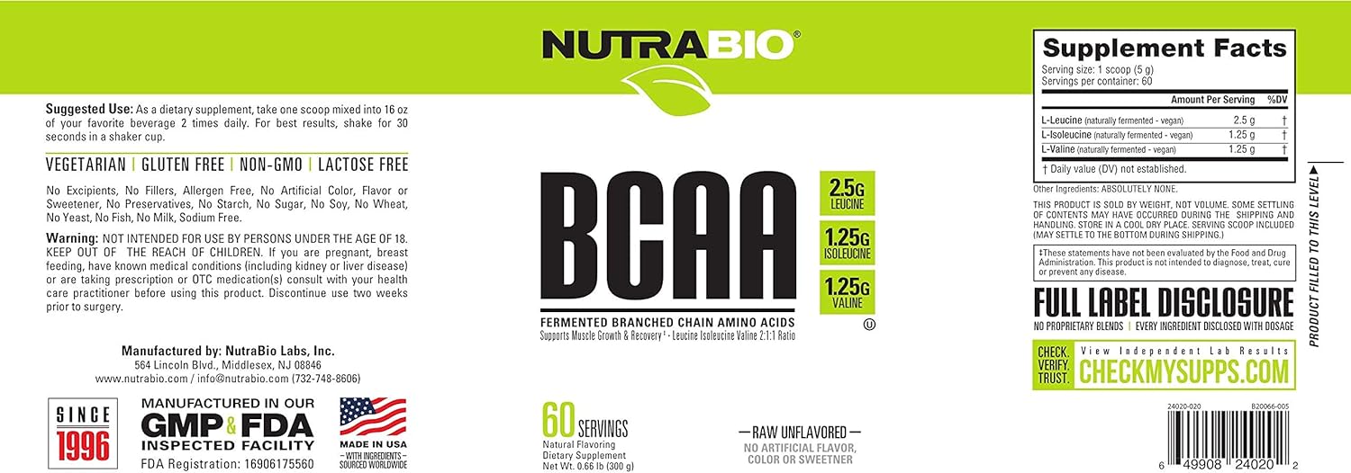 NutraBio BCAA 5000 Powder - Fermented Branched Chain Amino Acids for Muscle Growth & Recovery - Natural Flavors, Sweeteners, and Coloring, Vegan, Gluten Free - Unflavored, 60 Servings : Health & Household