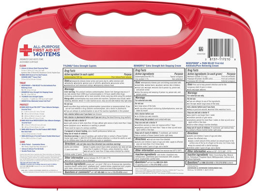 Johnson & Johnson All-Purpose Portable Compact First Aid Kit For Minor Cuts, Scrapes, Sprains & Burns, Ideal For Home, Car, Travel And Outdoor Emergencies, 140 Pieces