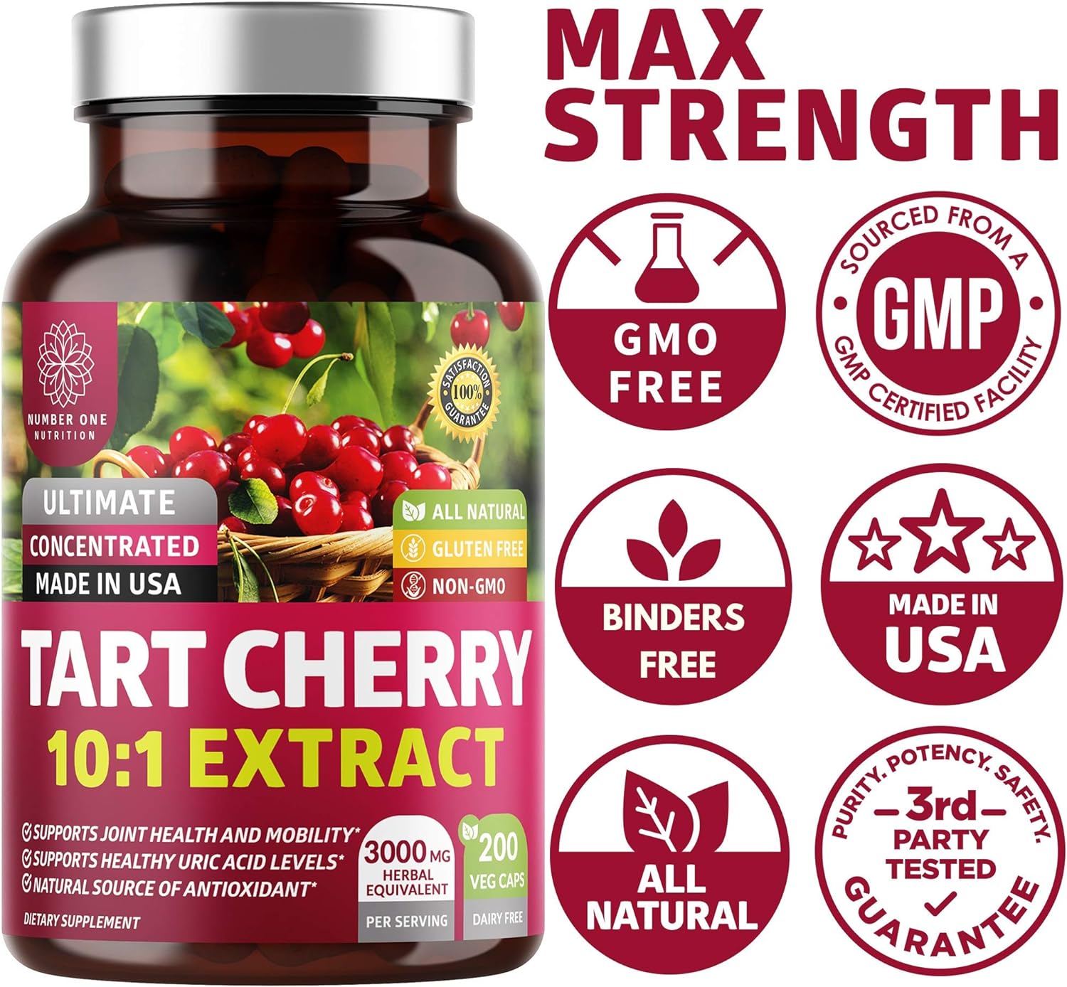 N1N Premium Tart Cherry Extract Capsules, 200 Veg Caps, 3000 mg [10X Concentrated Extract] Powerful Antioxidant, Joint Health and Mobility, Non-GMO, Gluten Free, 200 Veggie Caps : Health & Household