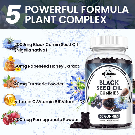 Black Seed Oil Gummies-Organic Cold Pressed Nigella Sativa Black Seed Oil With Honey, Vitamin B6, C, D3, Turmeric, Pomegranate, Support Immunity, Digestion, Brain Function, Hair & Skin-60 Gummies