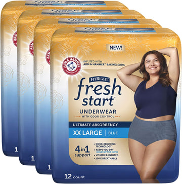 Fitright Fresh Start Incontinence And Postpartum Underwear For Women, Xxl, Blue (48 Count) Ultimate Absorbency, Disposable Underwear With The Odor-Control Power Of Arm & Hammer