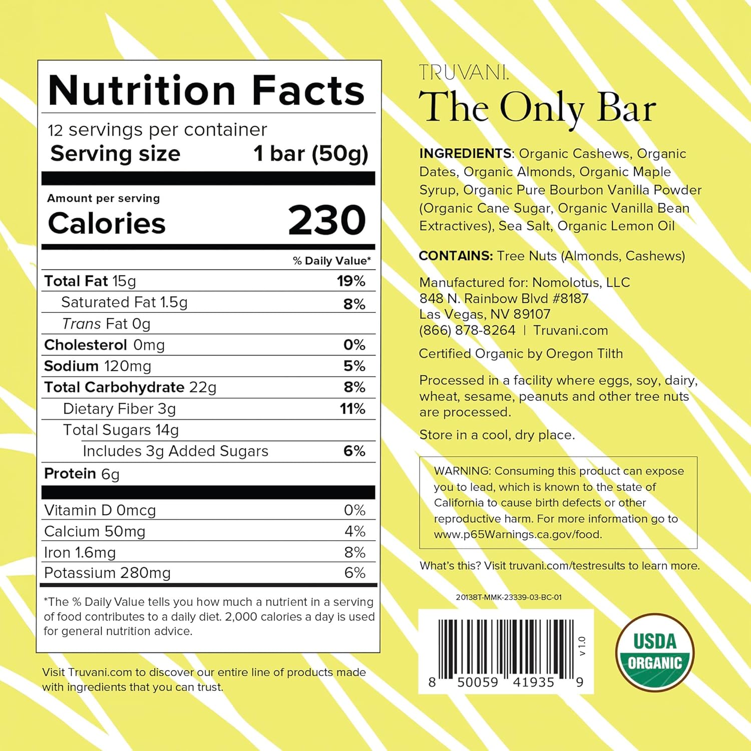 Truvani Plant Based Snack Bars | 6g Protein | 12 Pack Lemon Bar | Organic | Vegan | The Only Bar | Dairy, Soy, and Gluten Free | Individually Wrapped : Health & Household