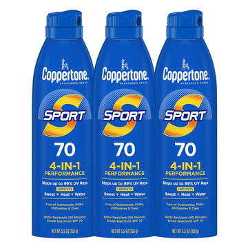 Coppertone SPORT Sunscreen Spray SPF 70, Water Resistant Sunscreen, Broad Spectrum SPF 70 Sunscreen, Bulk Sunscreen Pack, 5.5 Oz Spray, Pack of 3