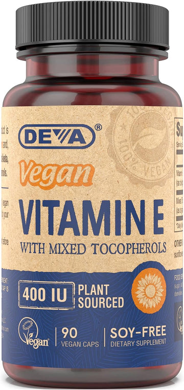 DEVA Vegan Vitamins Natural Vitamin E 400IU with Mixed Tocopherols, Supports Immune System & Skin Nutrition, Natural Antioxidant & Gluten Free, Dairy Free, Non-GMO, 90 Capsules