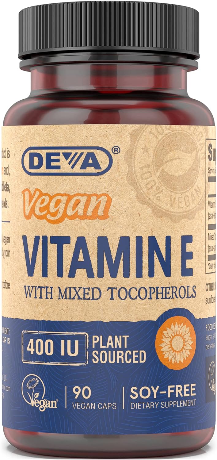 Deva Vegan Vitamins Vitamin E High Potency 400Iu With Mixed Tocopherols, From Non-Gmo Sunflowers, 90 Capsules, 1-Pack