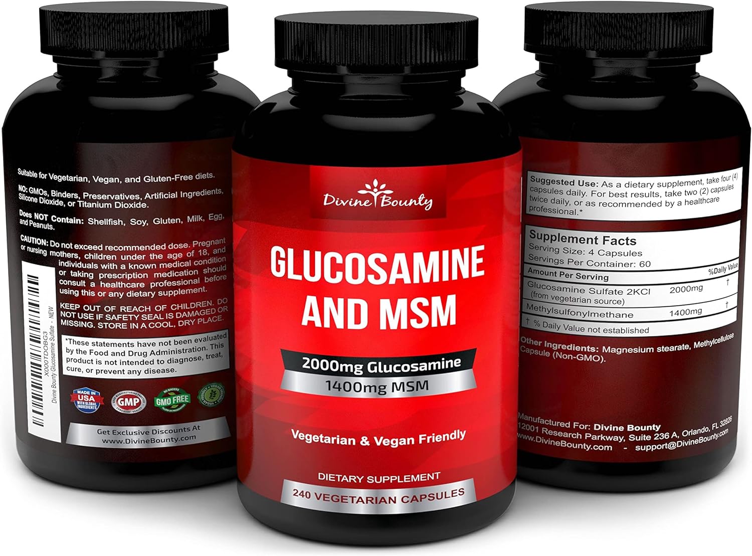 Divine Bounty Glucosamine Sulfate Supplement (2000mg per Serving) with MSM - 240 Small Vegetarian Capsules - No Shellfish, GMO's or Harmful Additives : Health & Household