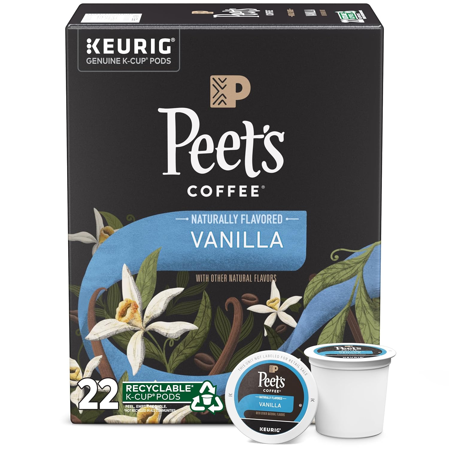 Peet's Coffee, Flavored Coffee K-Cup Pods for Keurig Brewers - Vanilla 22 Count (1 Box of 22 K-Cup Pods)