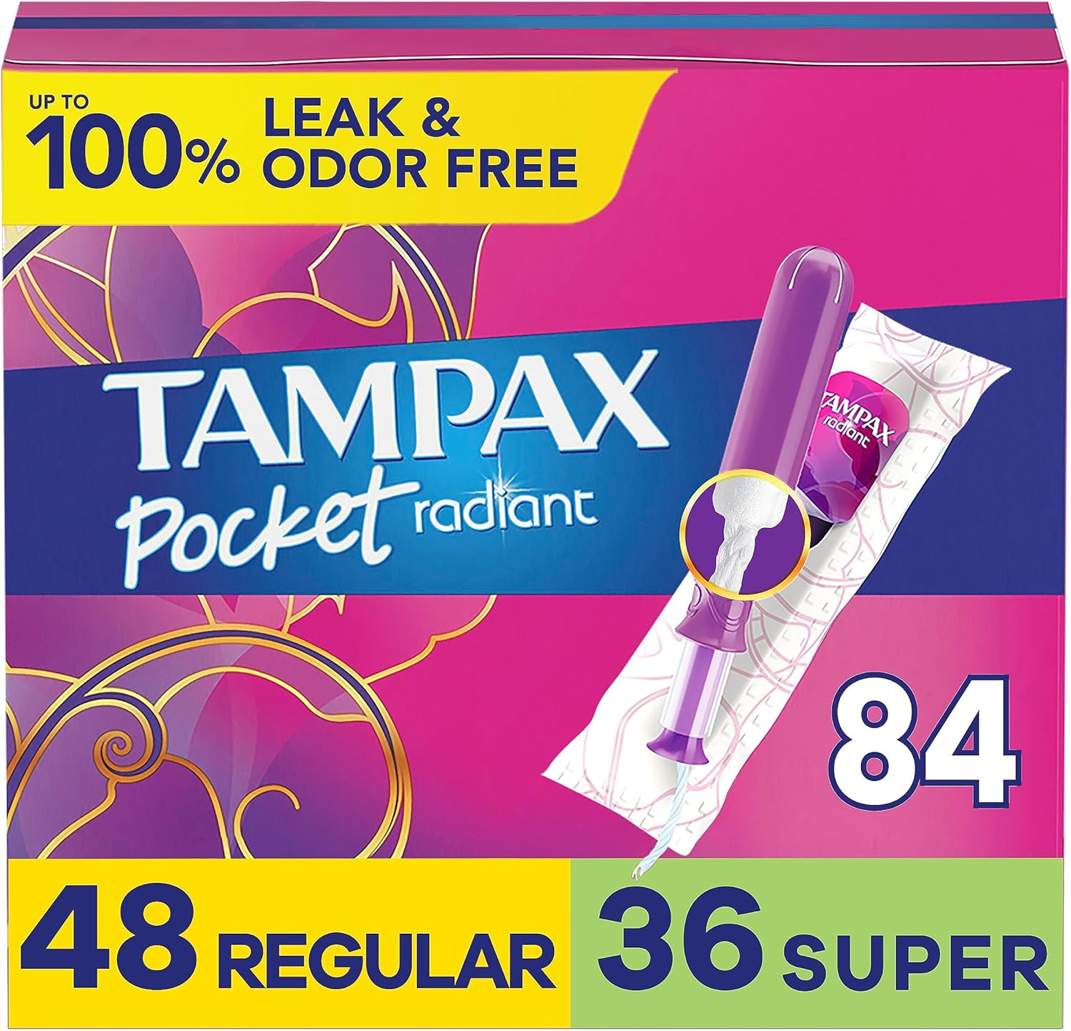 Tampax Pocket Radiant Compact Tampons Duo Pack, Regular/Super Absorbency With Bpa-Free Plastic Applicator And Leakguard Braid, Unscented, 28 Count X 3 Packs (84 Count Total)