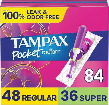 Tampax Pocket Radiant Compact Tampons Multi Pack, Regular/Super Absorbency with BPA-Free Plastic Applicator and LeakGuard Braid, Unscented, 28 Count x 3 Packs (84 count total)