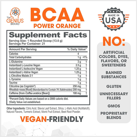 Genius Bcaa Energy Powder, Power Orange, And Genius Micronized Creatine Monohydrate Powder, Unflavored, Nootropic Amino Acid Muscle Recovery And Post Workout Supplement Stack