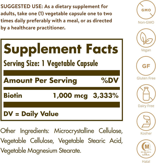 Solgar Biotin 1000 Mcg, 250 Vegetable Capsules - Supports Healthy Skin, Nails & Hair - Energy Metabolism - Enhanced Potency - Non-Gmo, Vegan, Gluten Free, Dairy Free, Kosher, Halal - 250 Servings