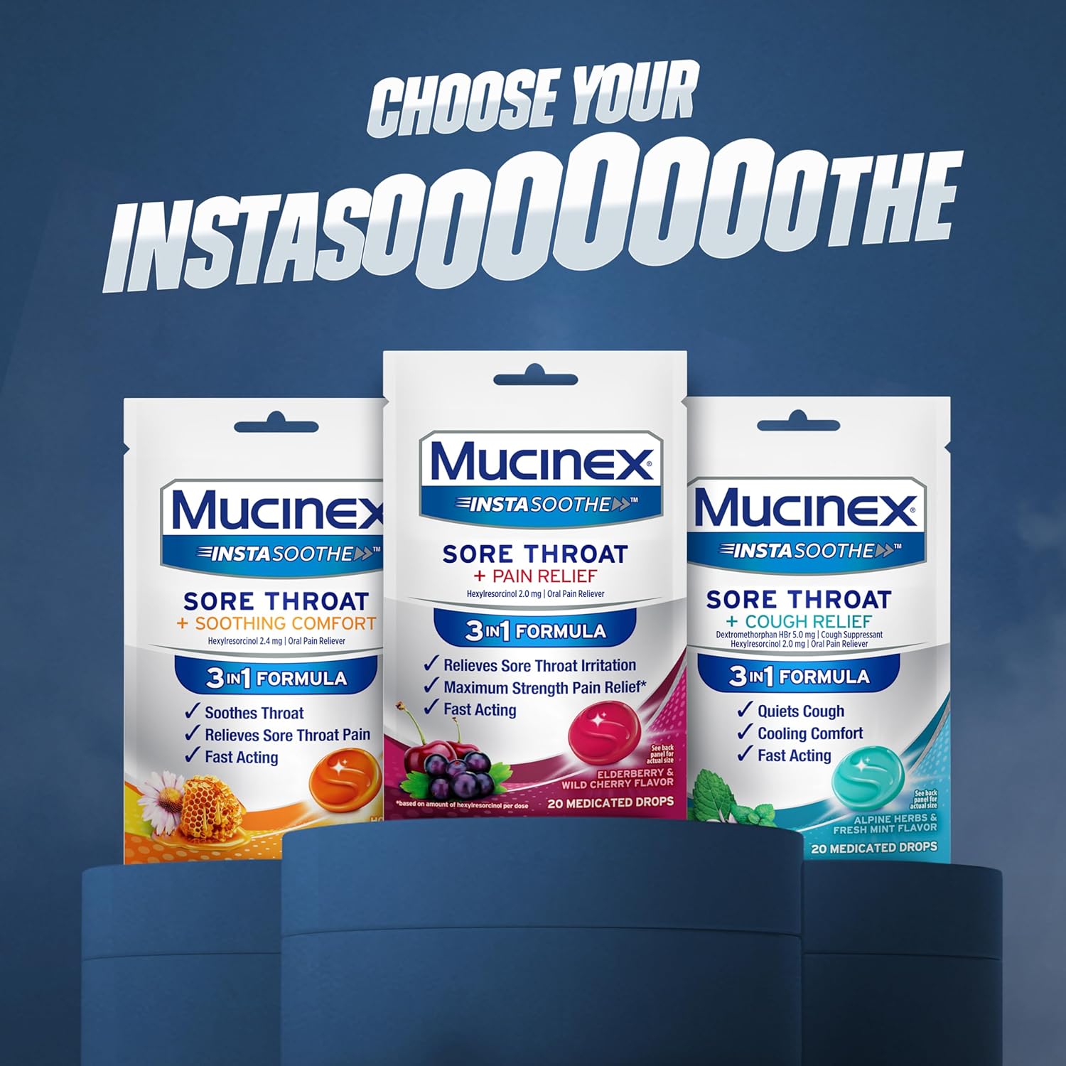 Mucinex Instasoothe Sore Throat Relief, Sore Throat Lozenges, Sore Throat Medicine with Hexylresorcinol, Cough Drops Alternative, 40 Elderberry & Wild Cherry Medicated Numbing Throat Drops : Health & Household