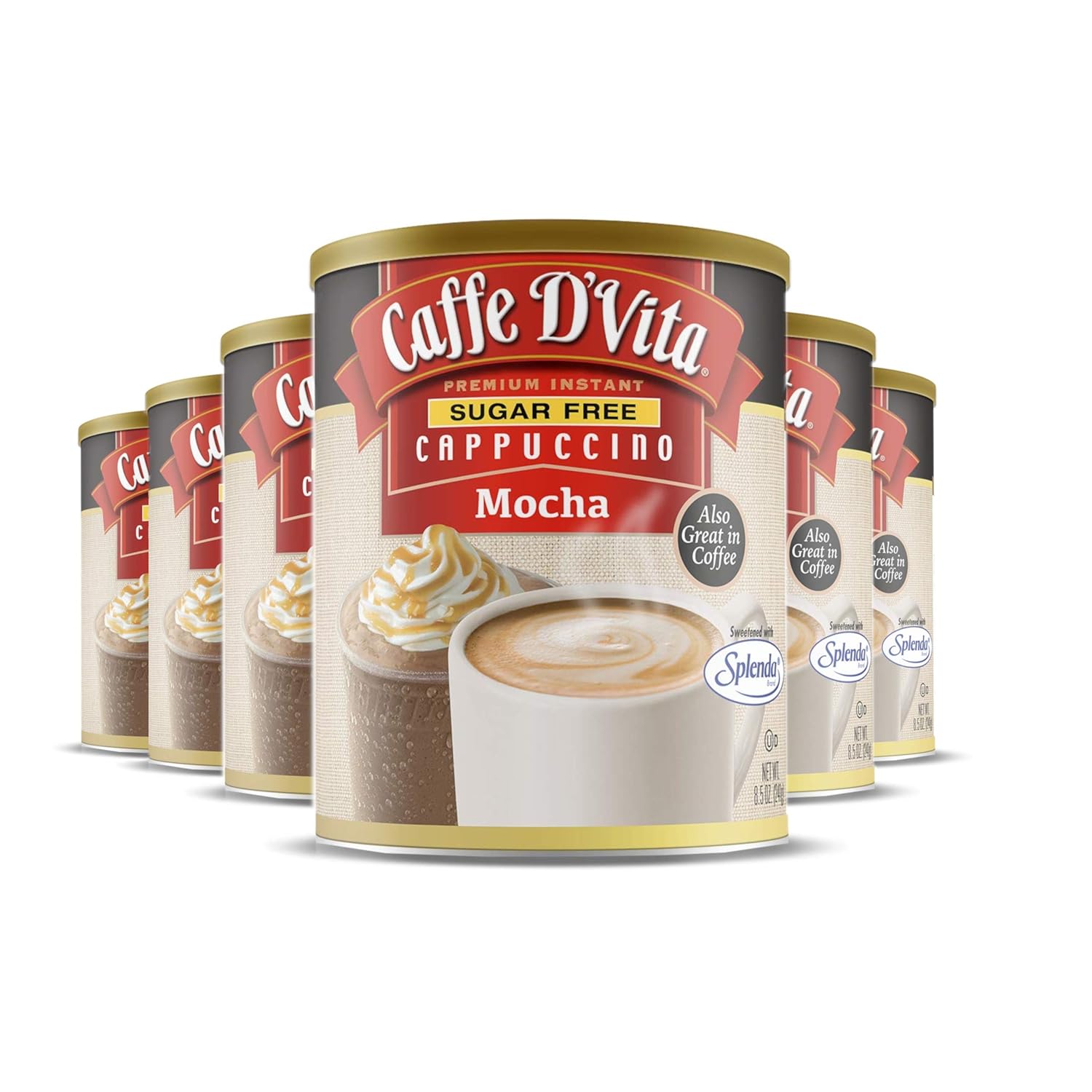 Caffe D’Vita Sugar Free Mocha Cappuccino Mix - Sugar Free Mocha Mix, Gluten Free, No Cholesterol, No Hydrogenated Oils, No Trans Fat, 99% Caffeine Free, Sugar Free Mocha Powder - 8.5 Oz Can, 6-Pack