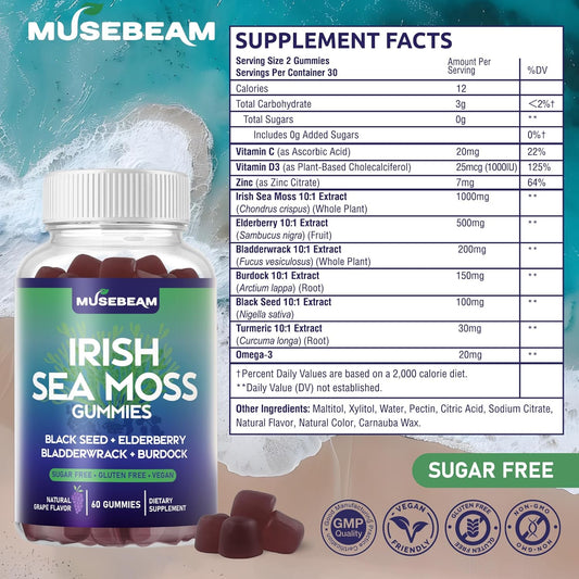 Irish Sea Moss Gummies - With Black Seed Elderberry Bladderwrack Burdock Turmeric Omega-3 Vitamins C D3 Zinc - Seamoss Supplements For Adults Women Men - Sugar-Free Gluten Free Vegan