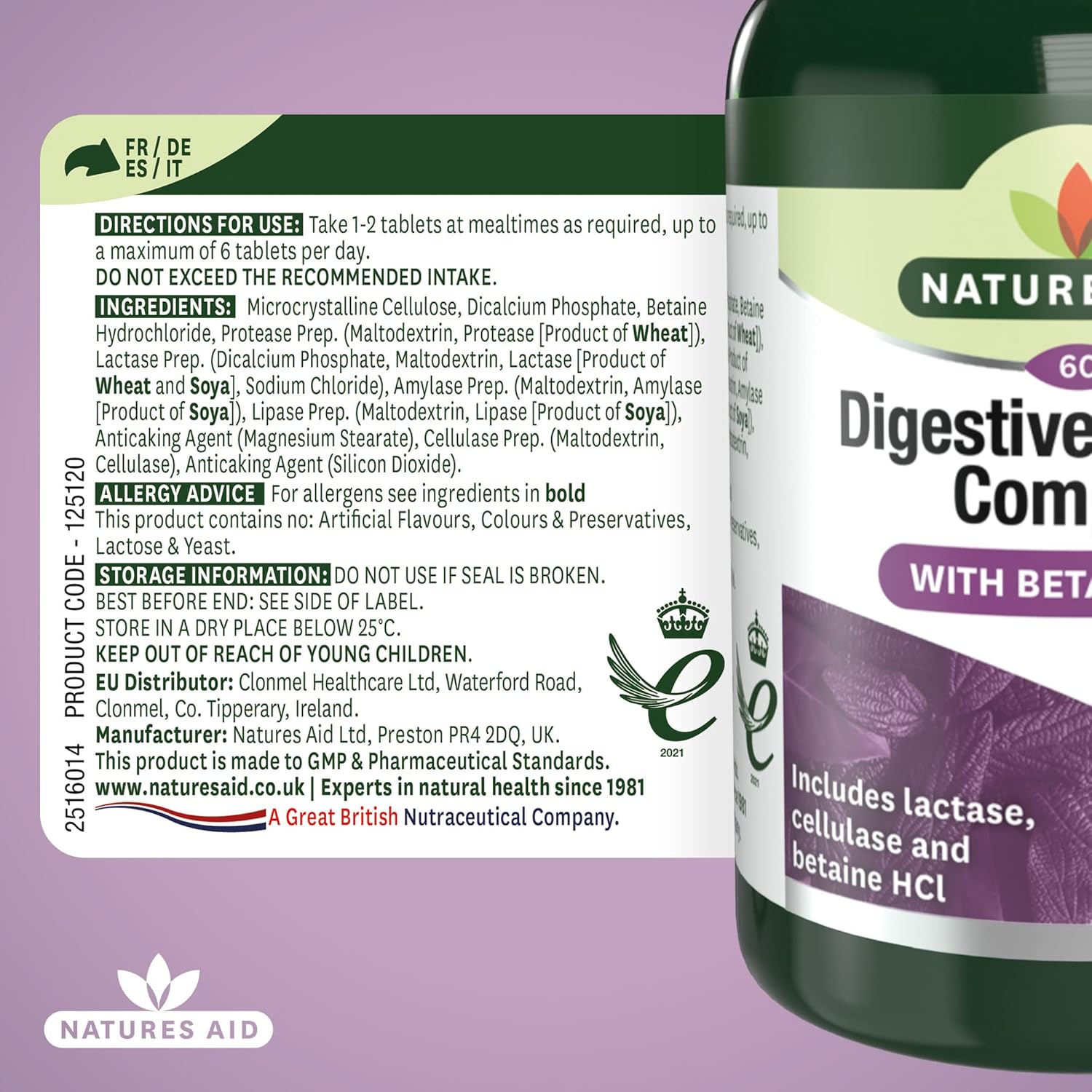 Natures Aid Digestive Enzyme Complex – Supports Digestion, Bloating & Discomfort Relief and Nutrient Absorption – Betaine HCl - Vegan, Vegetarian, Non-GMO – 60 Tablets : Amazon.co.uk: Health & Personal Care