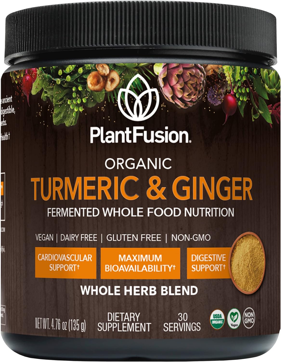 PlantFusion Turmeric and Ginger Drink Mix - Fermented Whole Food Nutrition, Herbal Supplement Powder with Curcuminoids - USDA Certified Organic, Non-GMO, Vegan, Gluten-Free, 4.76 oz 30 Servings