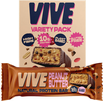 Vive Vegan Protein Bars Variety Pack – Dark Chocolate Coated Salted Caramel, Peanut Butter & Hazelnut – High Fibre Snacks, 12 Pack