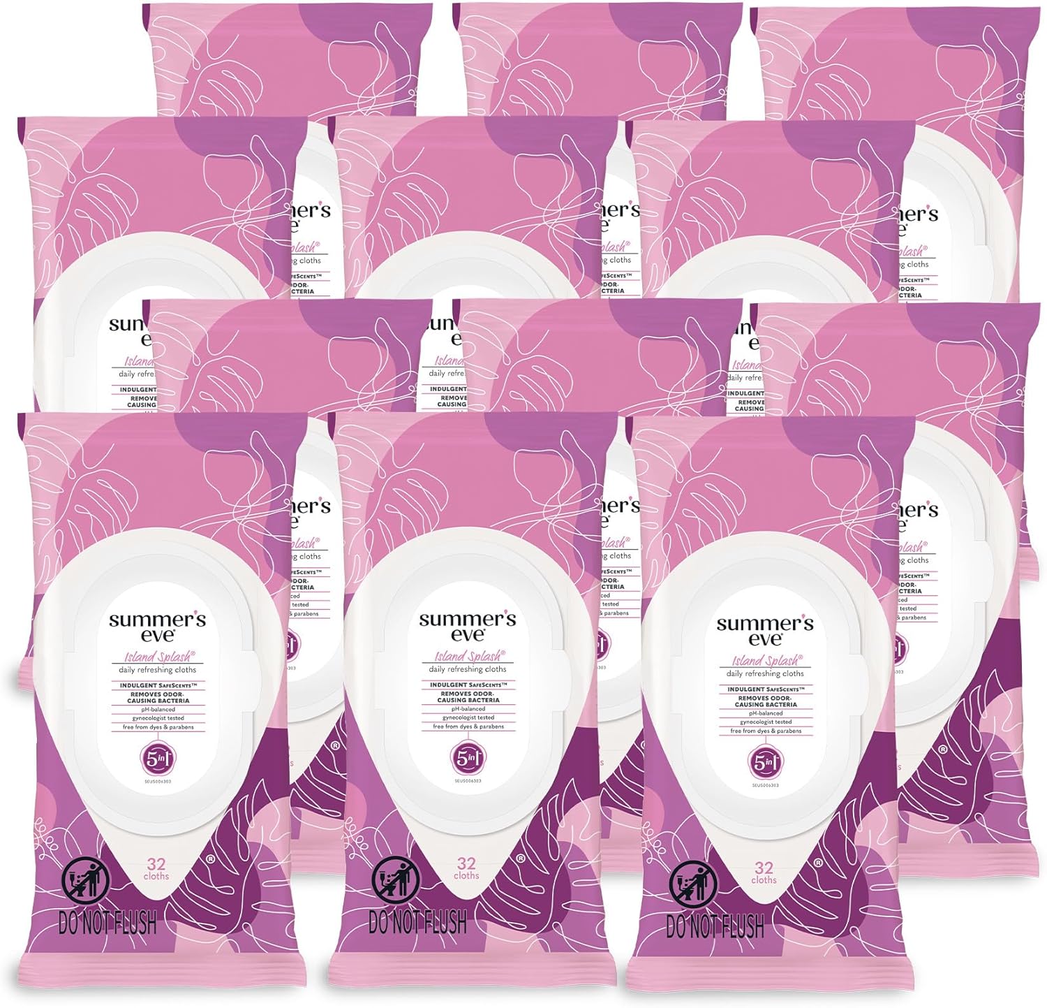 Summer'S Eve Island Splash Refreshing Daily Feminine Wipes, Removes Odor, Ph Balanced, 32 Count, 12 Pack