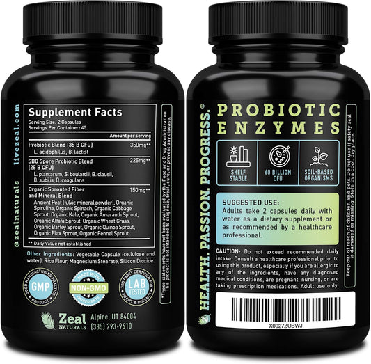 Probiotics And Prebiotics + Sbo Probiotics (60 Billion Cfu | 90 Capsules) Acidophilus Probiotic W. Saccharomyces Boulardii, Bifidobacterium + Spore Probiotic & Organic Sprouted Prebiotic Fiber Blend