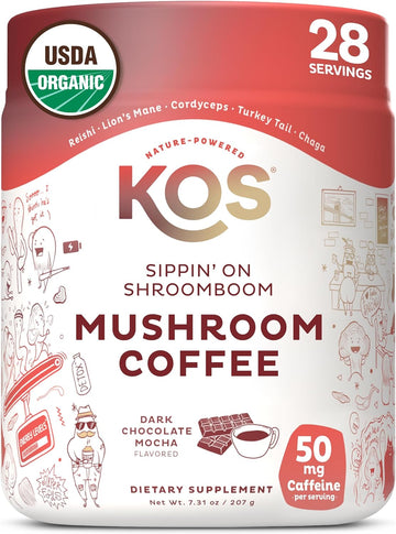 Kos Mushroom Coffee - Usda Certified Organic - Dark Chocolate Mocha Flavor - Mushroom Coffee Latte Powder With Reishi, Cordyceps, Lion'S Mane, Chaga & Turkey Tail Mushrooms