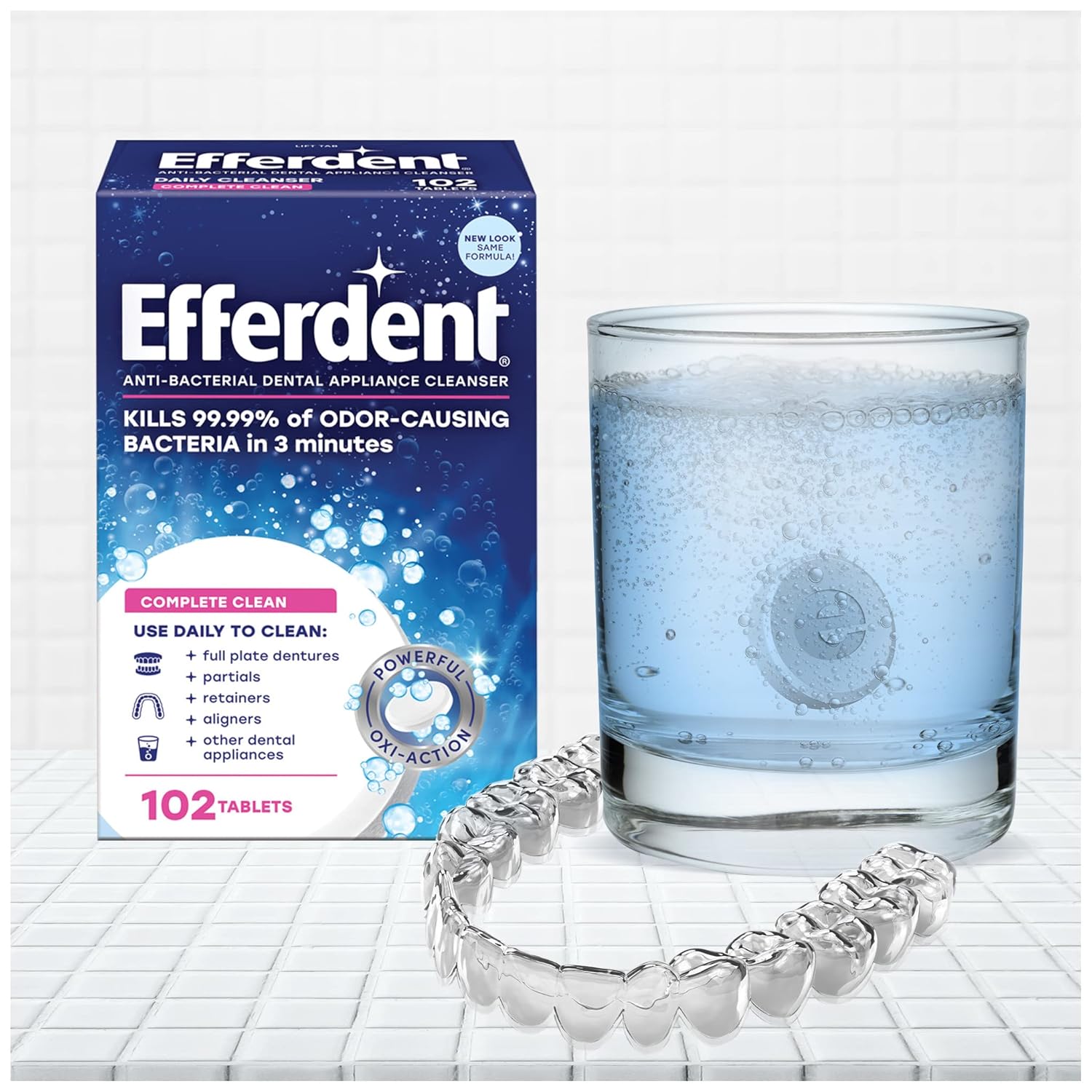 Efferdent Retainer Cleaning Tablets, Denture Cleanser Tablets for Dental Appliances, Complete Clean, 102 Tablets : Health & Household