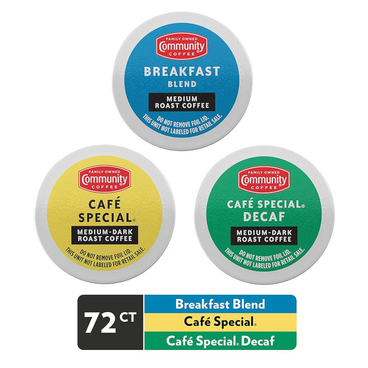 Community Coffee All Day Variety Pack With Decaf 72 Count Coffee Pods, Medium Dark Roast, Compatible With Keurig 2.0 K-Cup Brewers