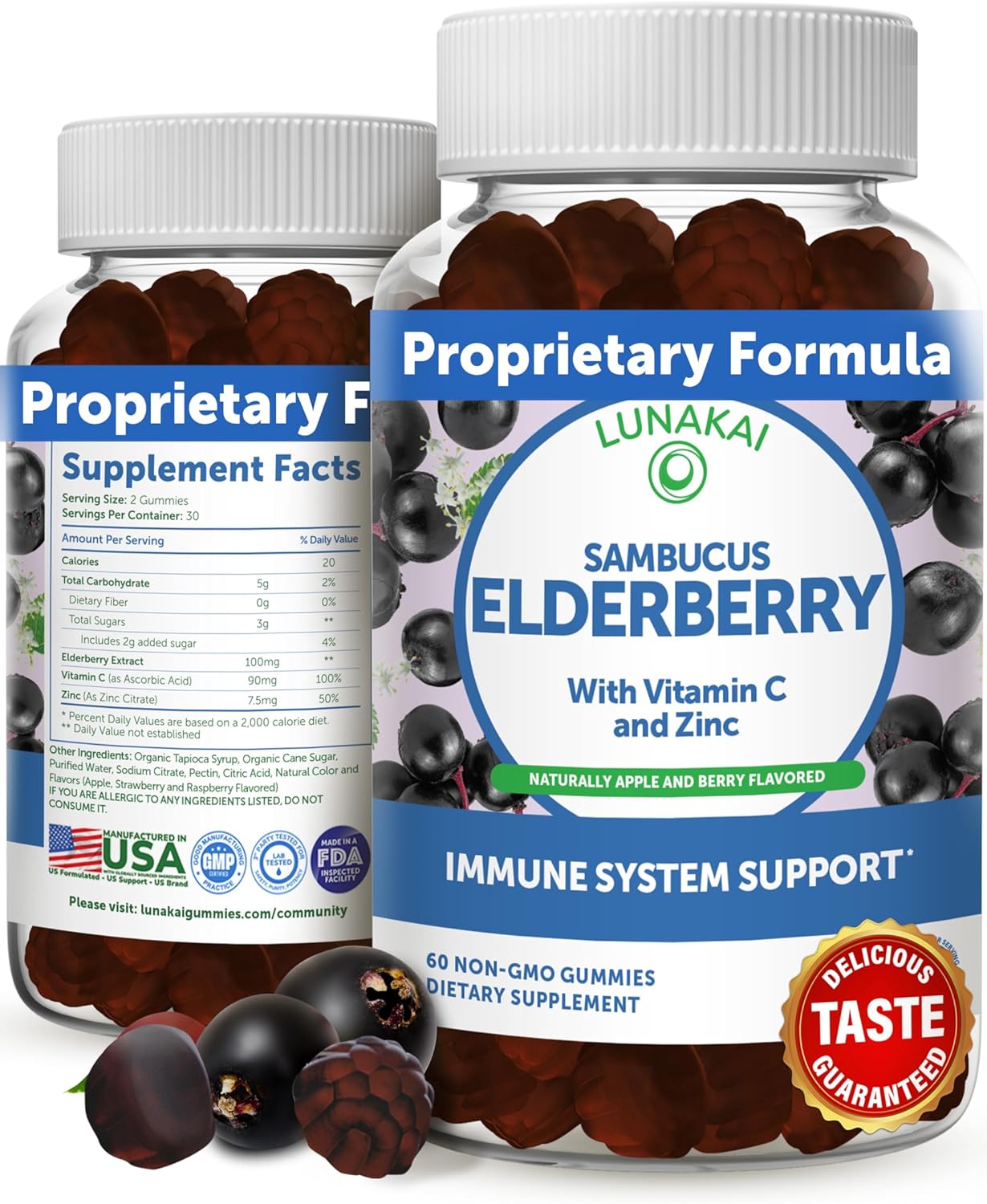 Lunakai Sambucus Elderberry Gummies with Zinc & Vitamin C for Adults & Kids - 100mg Black Elderberry Immune Support Supplement - Vegan, Non-GMO, No Corn Syrup, Elderberry Vitamins - 60 Gummies