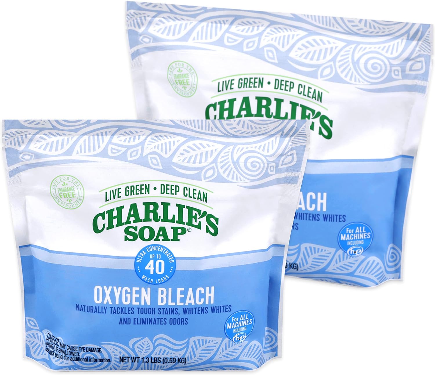Charlie's Soap Oxygen Powered Bleach Powder, Color Bleach For Clothes, Safe Bleach for White Clothes, An Unscented Fragrance Free Non Chlorine Bleach 1.3 lbs (2 Pack)