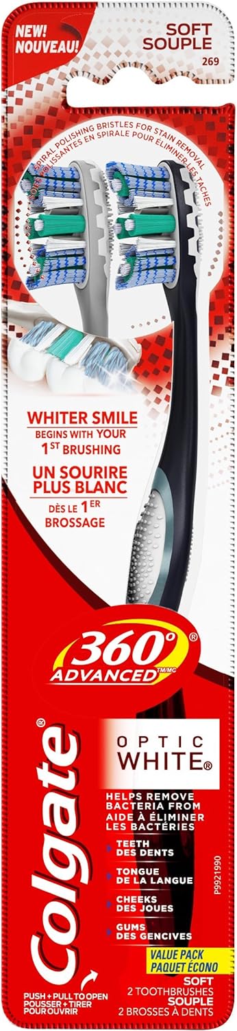 Colgate 360 Advanced Optic White Toothbrush, Soft, 2 Count : Health & Household