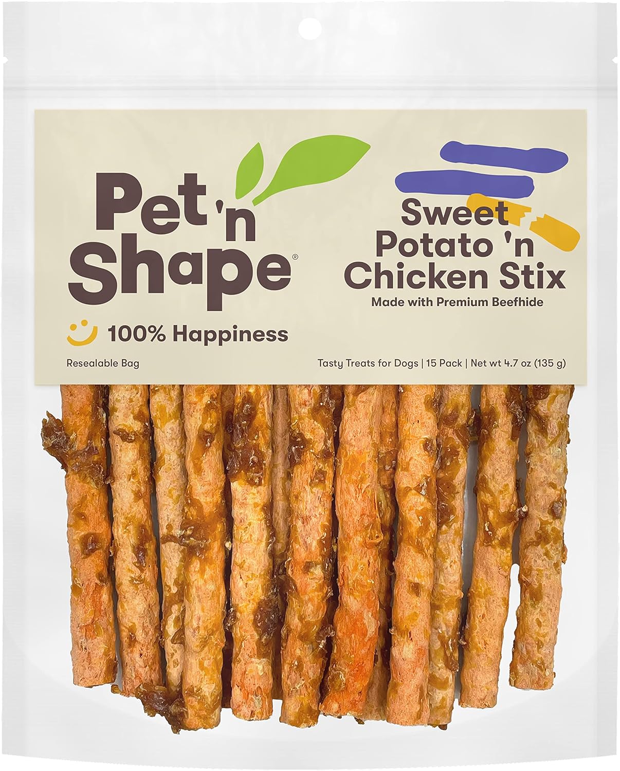 Pet 'N Shape Sweet Potato Chicken Sticks, 15 Count - Dog Chews - No Artificial Flavors, Colors, Or Preservatives - Protein Rich Alternative To Rawhide
