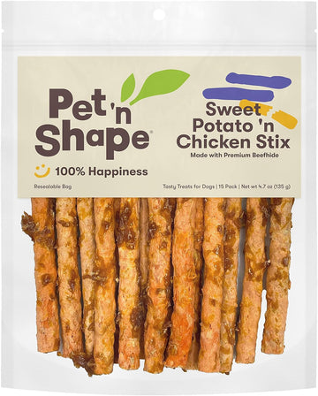 Pet 'N Shape Sweet Potato Chicken Sticks, 15 Count - Dog Chews - No Artificial Flavors, Colors, Or Preservatives - Protein Rich Alternative To Rawhide