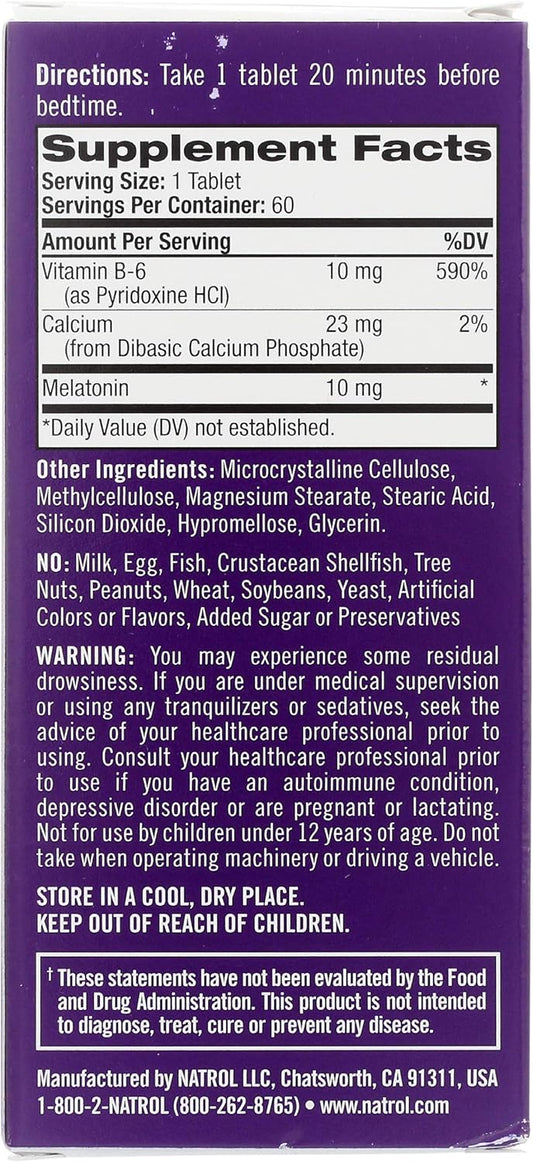 Natrol Melatonin Advanced Sleep Tablets with Vitamin B6, Helps You Fall Asleep Faster, Stay Asleep Longer, 2-Layer Controlled Release, 100% Drug-Free, 10mg, 60 Count