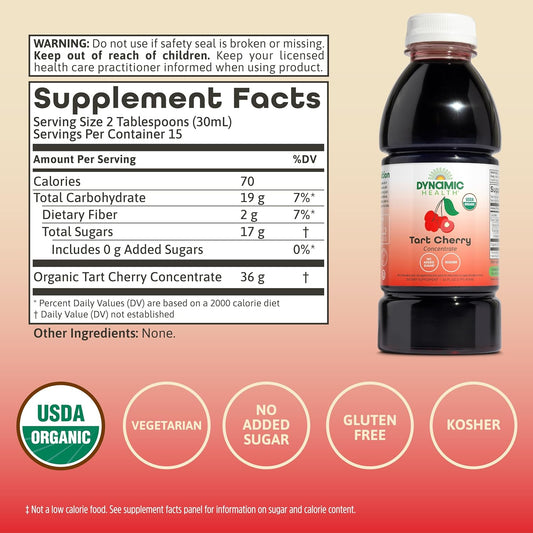 Dynamic Health Organic Tart Cherry Juice, Unsweetened 100% Juice Concentrate, Antioxidants Supplement, No Sweeteners or Additives, Vegan, Gluten Free, BPA Free (16oz)