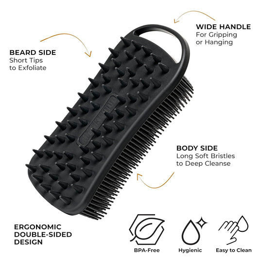 Blackwood For Men Double Duty Beard & Body Scrubber - Dual-Sided Men'S Shower Tool - Handheld Body Wash Brush With Long Soft Silicone Bristles For Deep Cleaning - Short Exfoliating Tips For Beard Care