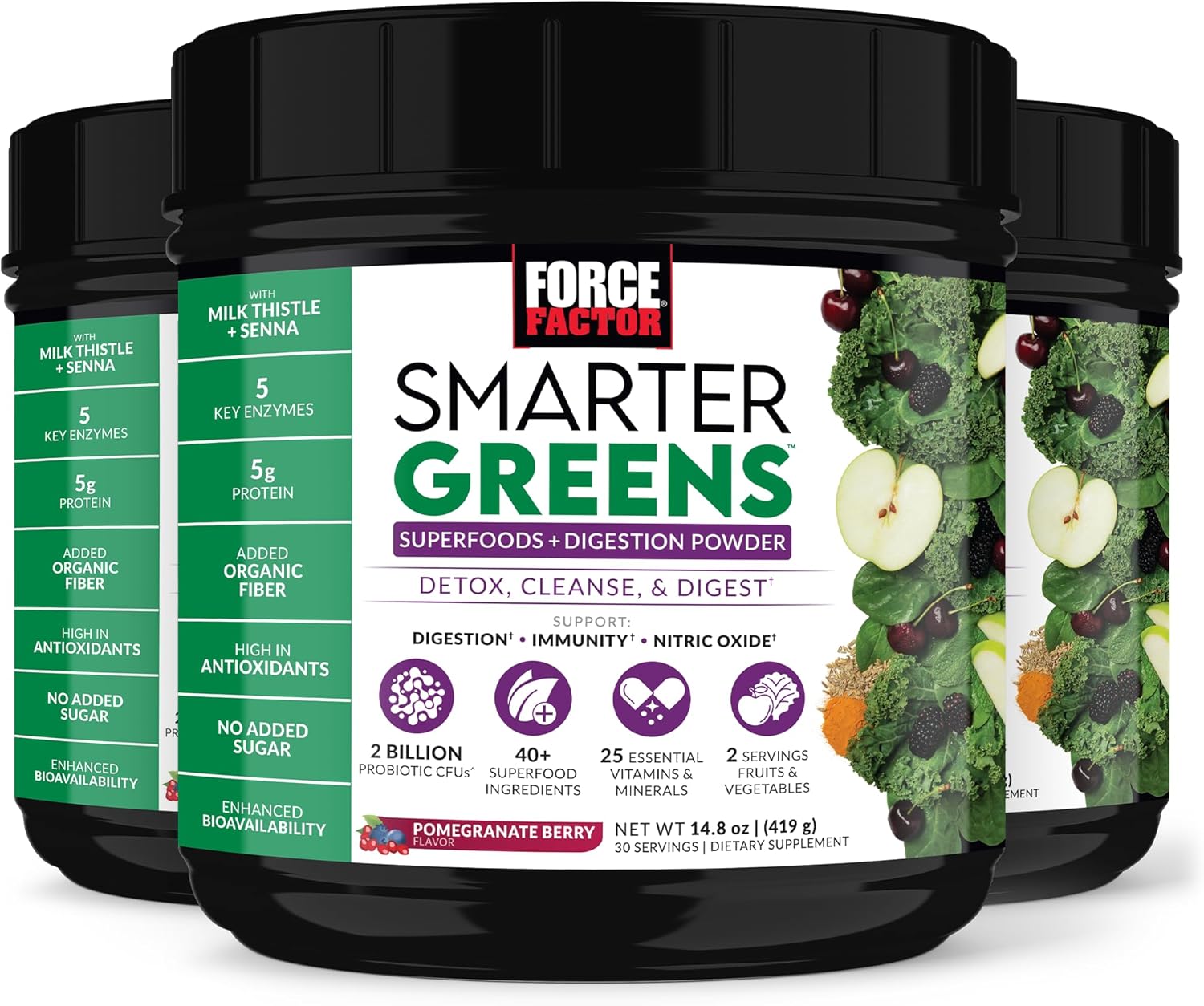Force Factor Smarter Greens Superfoods + Digestion Powder, 3-Pack, Greens Powder With 2 Billion Probiotics, Digestive Enzymes, And Antioxidants To Detox, Cleanse, And Support Immunity, 90 Servings