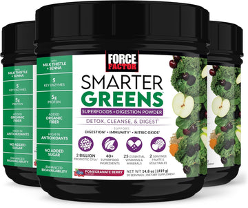 Force Factor Smarter Greens Superfoods + Digestion Powder, 3-Pack, Greens Powder With 2 Billion Probiotics, Digestive Enzymes, And Antioxidants To Detox, Cleanse, And Support Immunity, 90 Servings