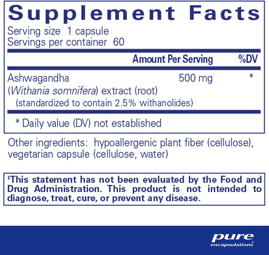 Pure Encapsulations Ashwagandha - 500 Mg Ashwagandha Extract - Metabolism & Stress Support - Immune Support - Gmo Free & Vegan - 60 Capsules