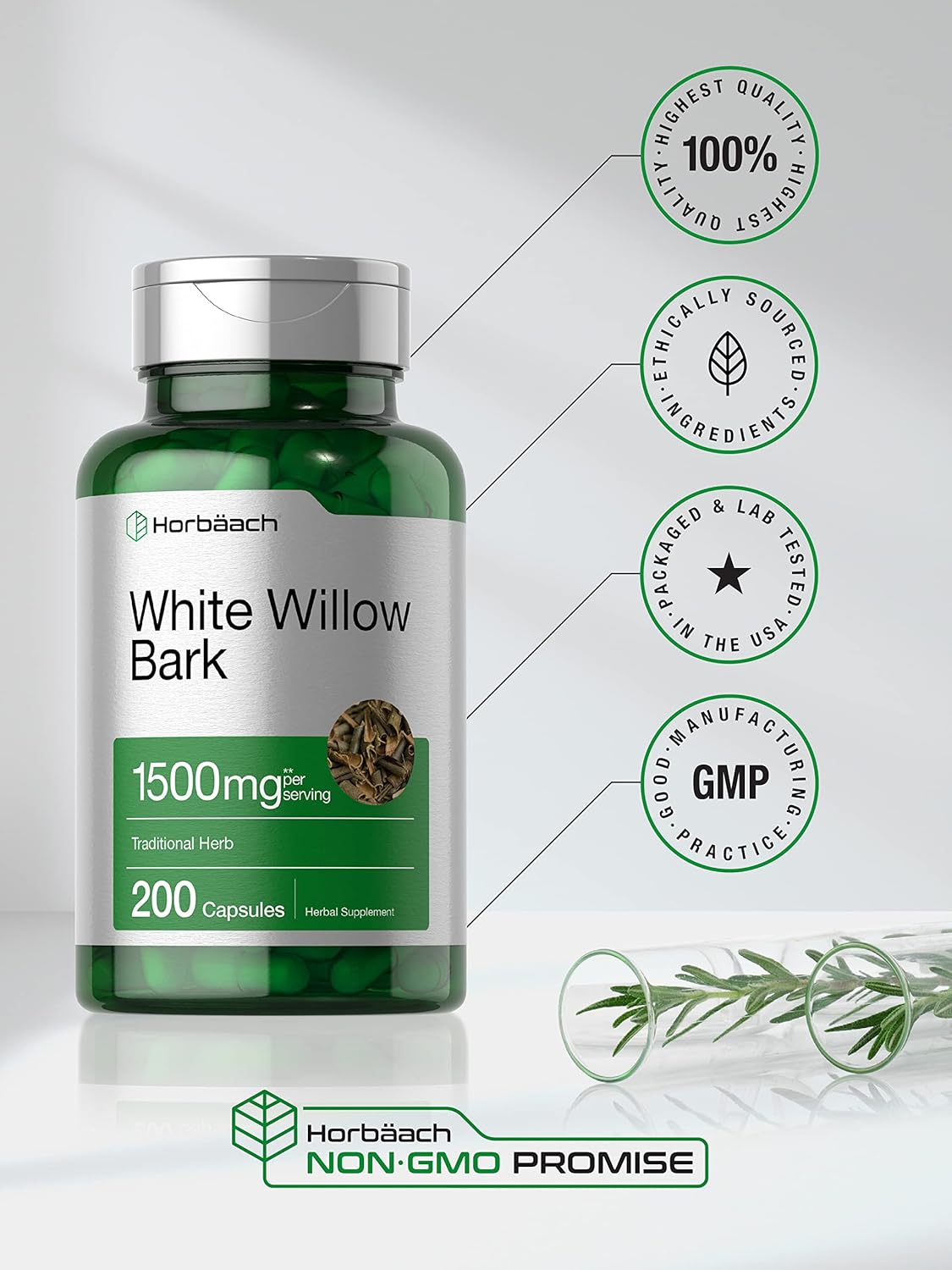 Horbäach White Willow Bark Capsules | 1500mg | 200 Pills | Max Strength | Non-GMO, Gluten Free Herb Extract : Health & Household