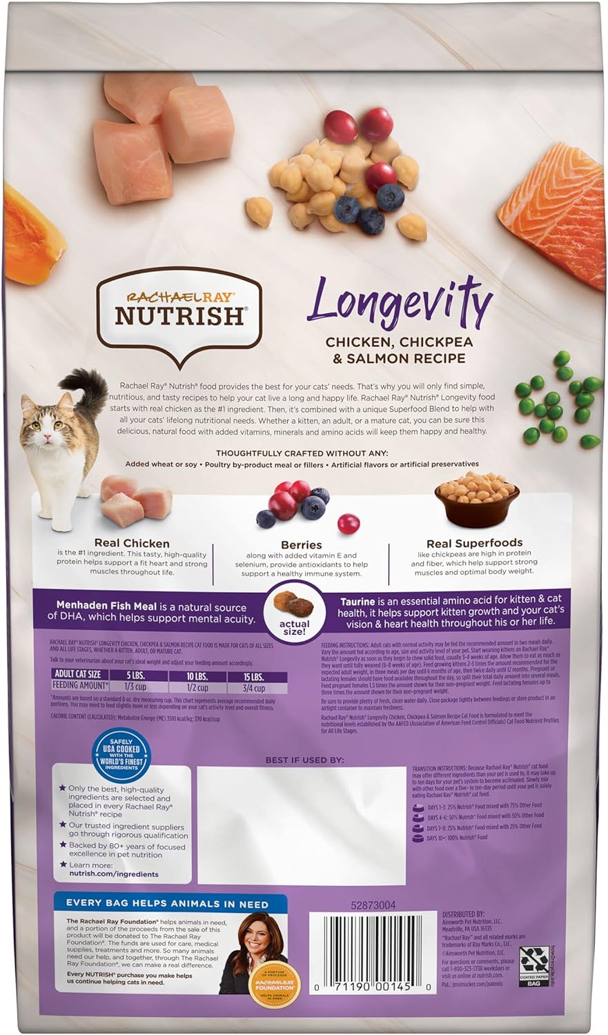 Rachael Ray Nutrish Longevity Premium Natural Dry Cat Food with Added Vitamins, Minerals & Other Nutrients, Chicken with Chickpeas & Salmon Recipe, 3 Pounds : Pet Supplies