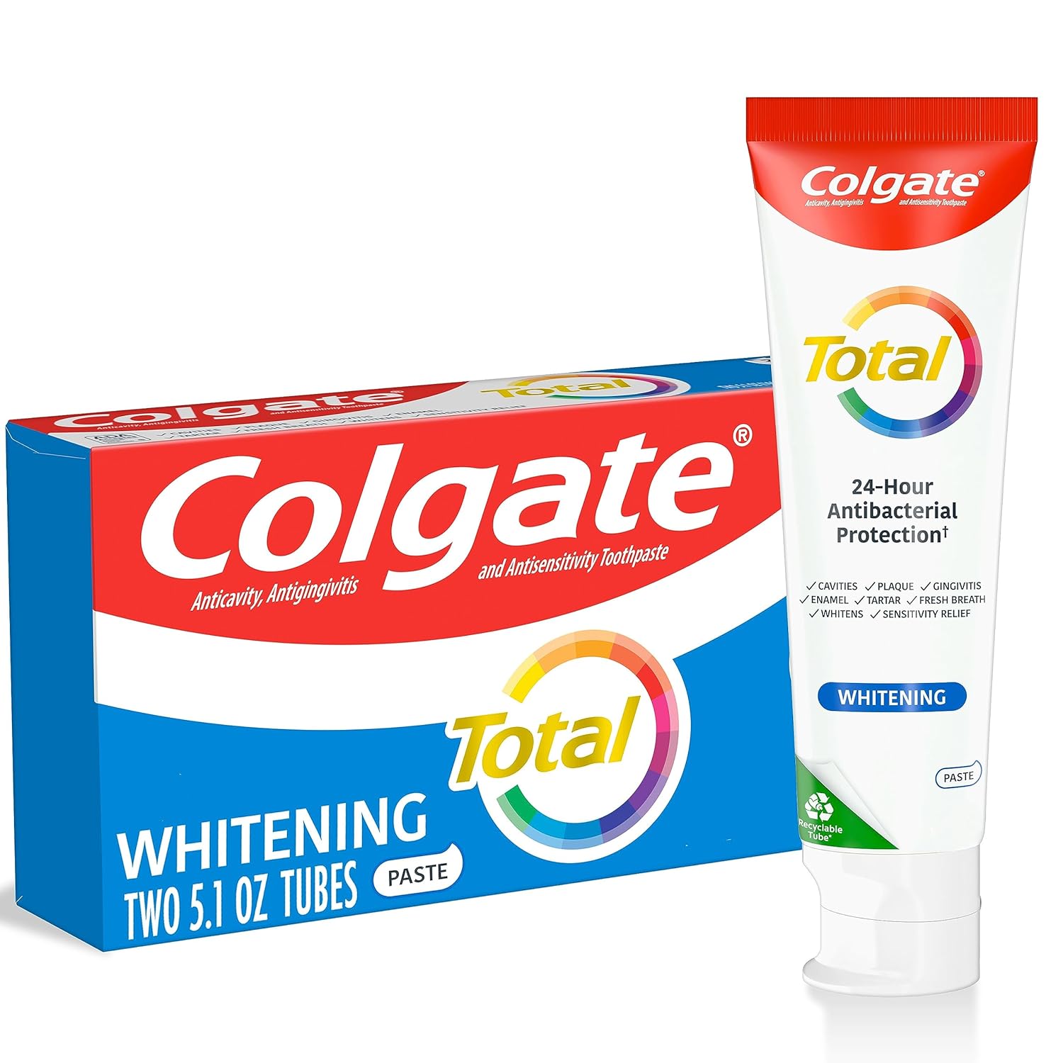 Colgate Total Whitening Toothpaste, Mint Toothpaste, 5.1 Oz Tube, 2 Pack