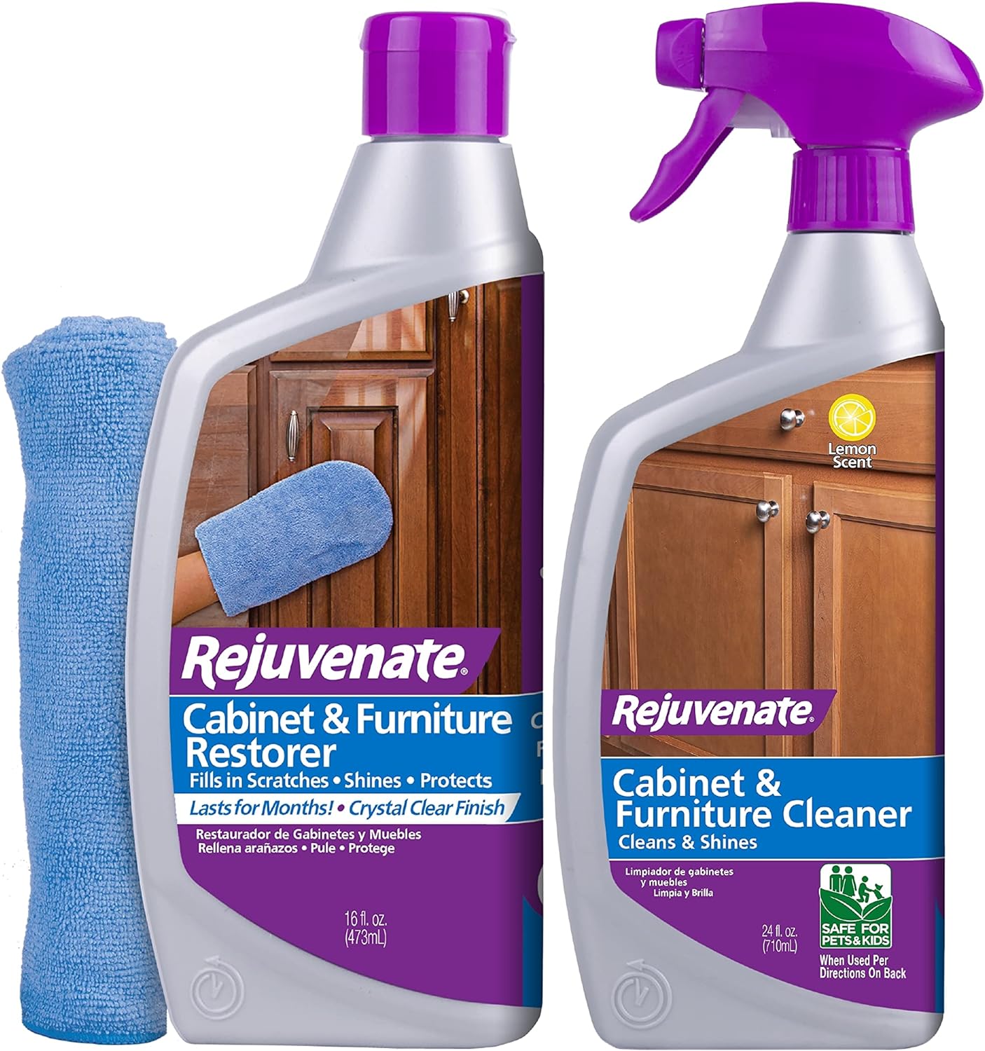 Rejuvenate Cabinet and Furniture Restorer 16oz with Mitt & Cabinet and Furniture Cleaner 24oz